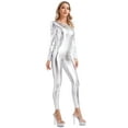 thumbnail image 6 of IEFIEL Womens Metallic Shiny Dance Bodysuit Long Sleeve Slim Fit Full Body Unitard Jumpsuit Clubwear Silver 3XL, 6 of 7
