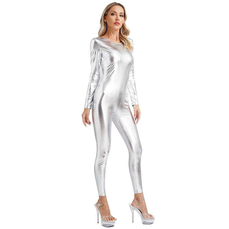 CHICTRY Womens Metallic Shiny Full Body Jumpsuit Long Sleeve