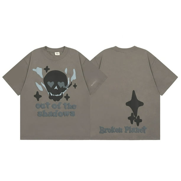Hot style Broken Planet cartoon skull foam print round neck short
