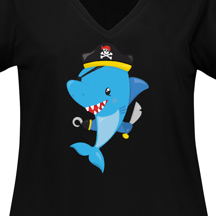 Inktastic Pirate Shark, Shark Wearing Pirate Hat, Blue Shark Women's Plus Size V-Neck T-Shirt - image 3 of 4
