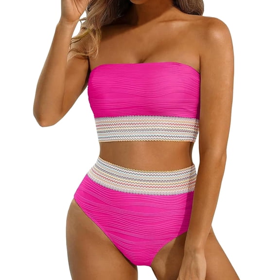 XIYON Women's Bikini Sets High Waisted Bandeau Bikini Set Women Color Block Strapless Two Piece Swimsuits Ribbed Longline Full Coverage Bathing Suits Swimwear Beach Vacation 2026