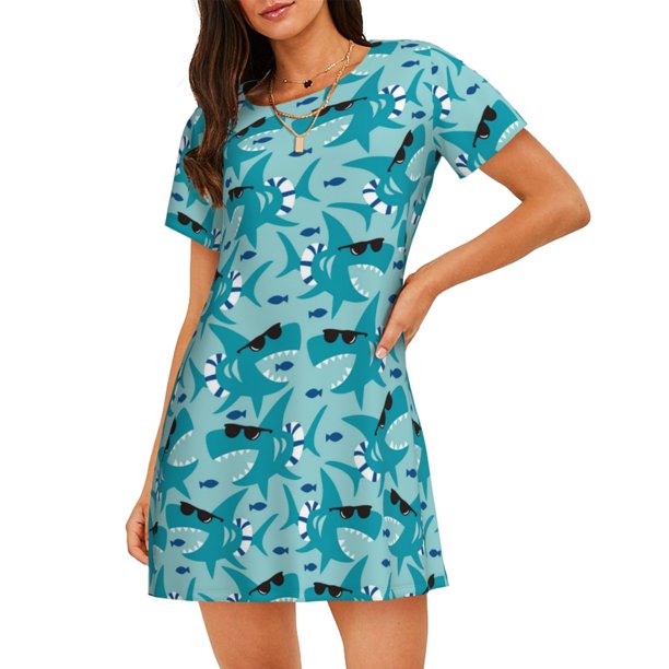Fotbe Shark Wearing Sunglasses Bata de Dormir para Mujer con Estampado, Camisón de Algodón de Manga Corta, Ropa de Dormir Casual