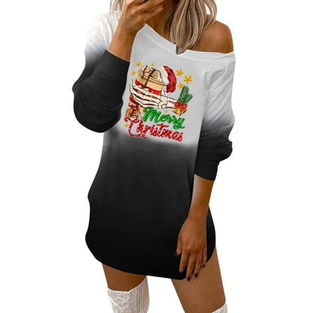 

KmaiSchai Christmas Sweater Dress Womens Fashion Casual Christmas Print Off Shoulder Long Sleeve Sweatshirt Dress Rayon Nightgown Mini Long Sleeve Dress