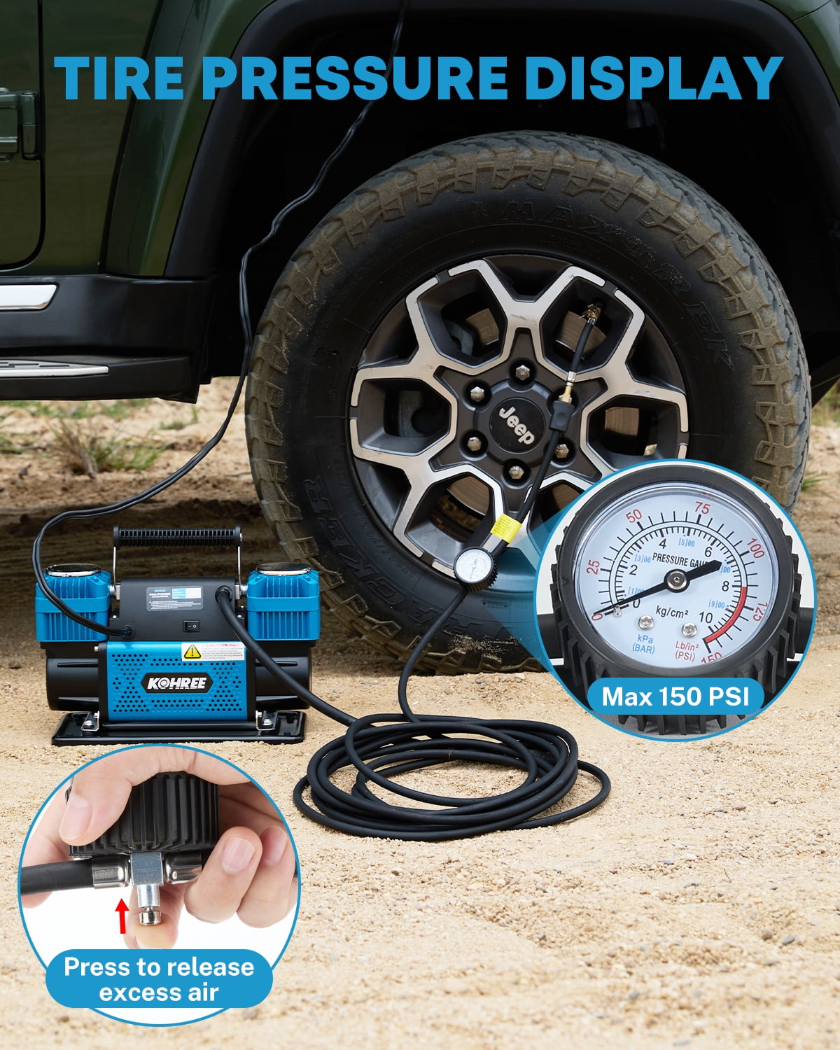 Kohree 12V Dual Cylinder Air Compressor,150 PSI Heavy Duty Tire Air Pump with 12.35 ft³/Min Fast Tire Inflator for Offroad Truck, RV, 4x4 Vehicles