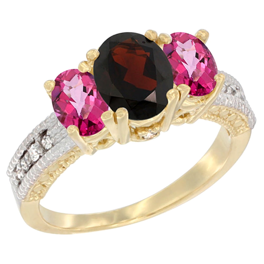 14K Yellow Gold Diamond Natural Garnet Ring Oval 3-stone with Pink Topaz, sizes 5 10 by WorldJewels