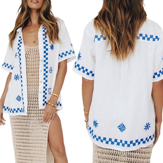 TRKIYQC Camisa Suelta de Verano para Mujer, Blusa de Manga Corta con Solapa de Impresión a Cuadros/Geométrica a Juego de Color de Estilo Ocio Blusa de Botonadura Simple TRKIYQC perder