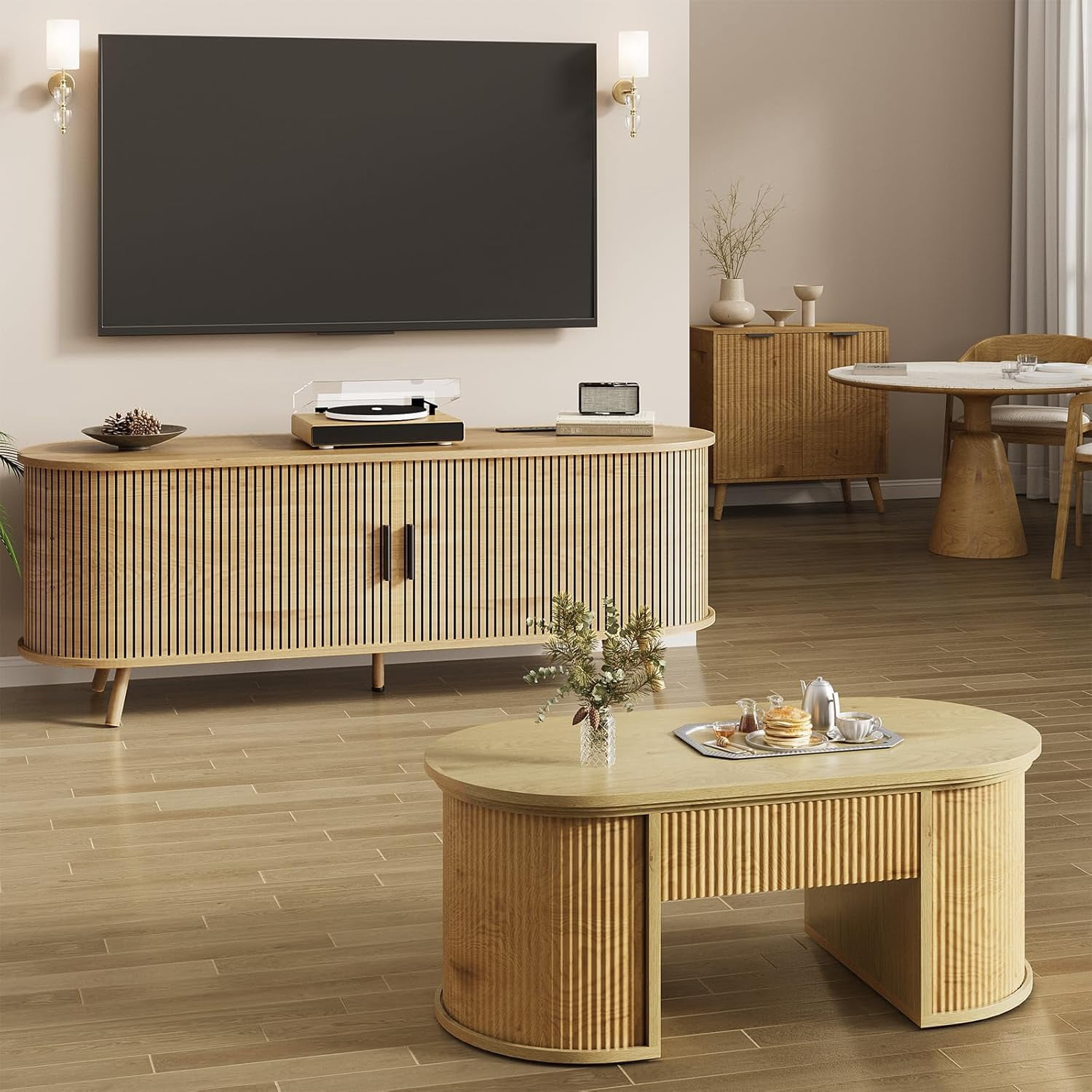 55" TV Stand with Power Outlet, Modern Media Console with Sliding Doors, Entertainment Center for TVs up to 60 Inch, Adjustable Shelves, Nature Oak