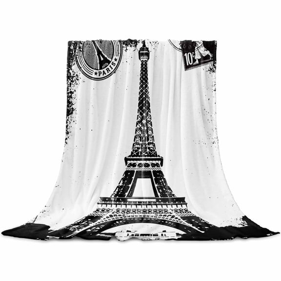 Flannel Throw Blanket for Couch Sofa Bed,Vintage Black White Building Eiffel Tower Soft Cozy Warm Fuzzy Blanket 30x40in