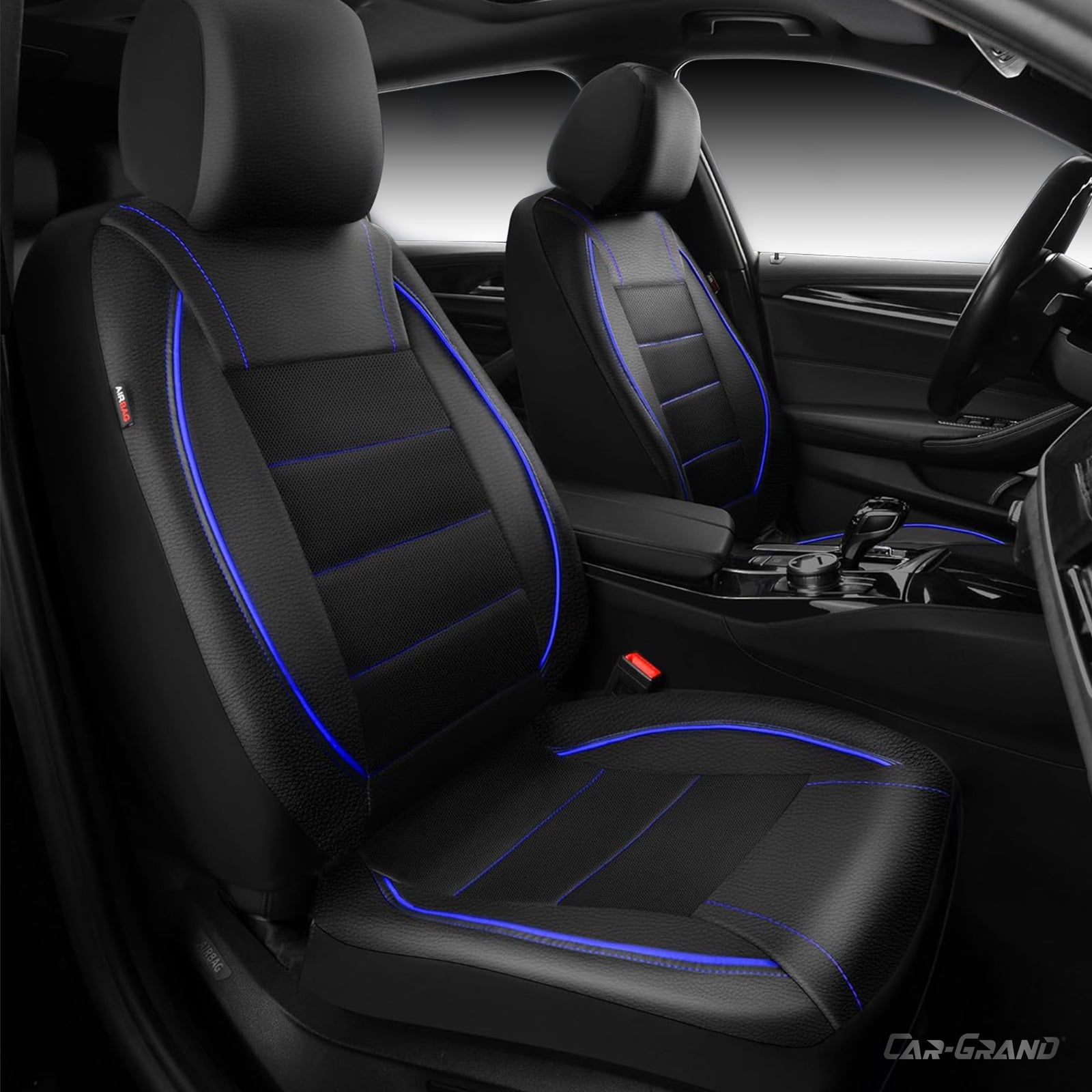 CAR GRAND Faux Leather car seat covers front pair breathable universal fit airbag compatible car, SUV, truck and van blue