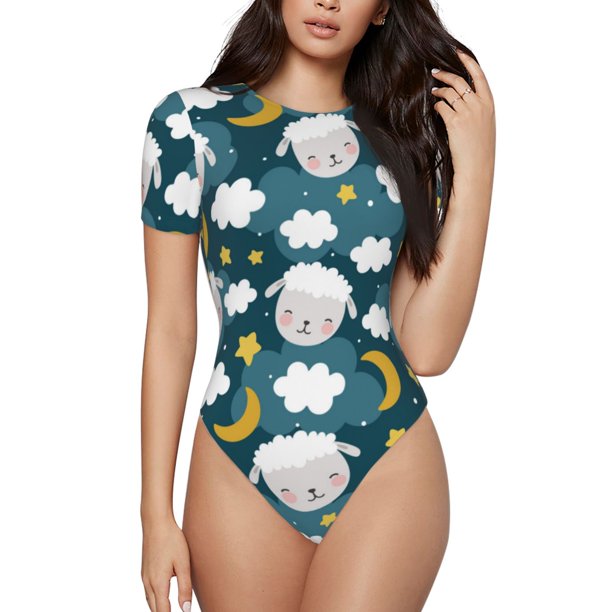 Fotbe Sweet Dream Lamb Body de Mujer con Cuello Redondo y Mangas Cortas, Sin Mangas Ajustado, Suave, Cómodo y Básico-Small
