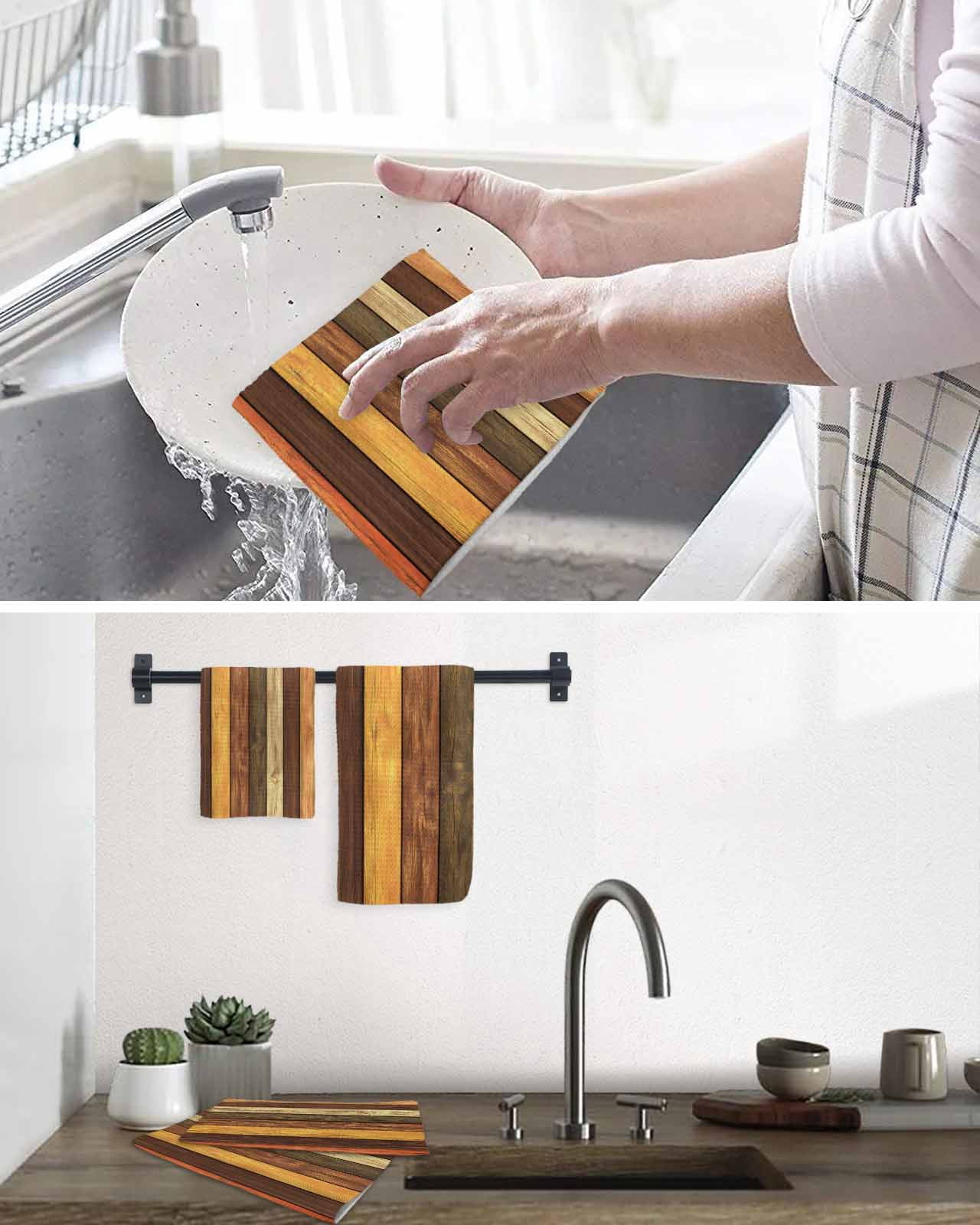Farmhouse Orange Brown Kitchen Dish Towels for Drying Dishes Set of 3, Retro Vintage Wood Waffle Weave Microfiber Terry Hand Tea Bathroom Towels Quick Dry & Absorbent Towel 12x12