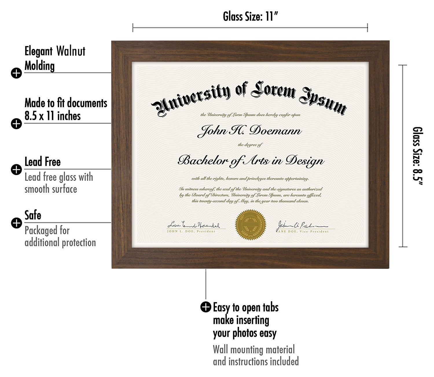 Americanflat 8.5x11 Diploma Frame in Walnut with Shatter Resistant Glass - Horizontal and Vertical Formats for Wall and Tabletop (2 Pack)
