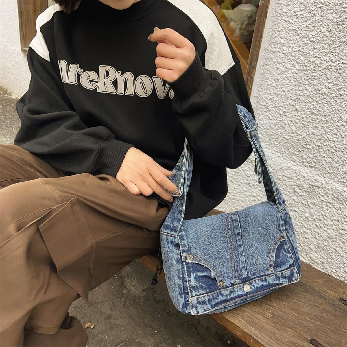 CoCoMangos Denim Shoulder Bag for Women Satchels Large Crossbody Handbag Jean Casual Tote Purse