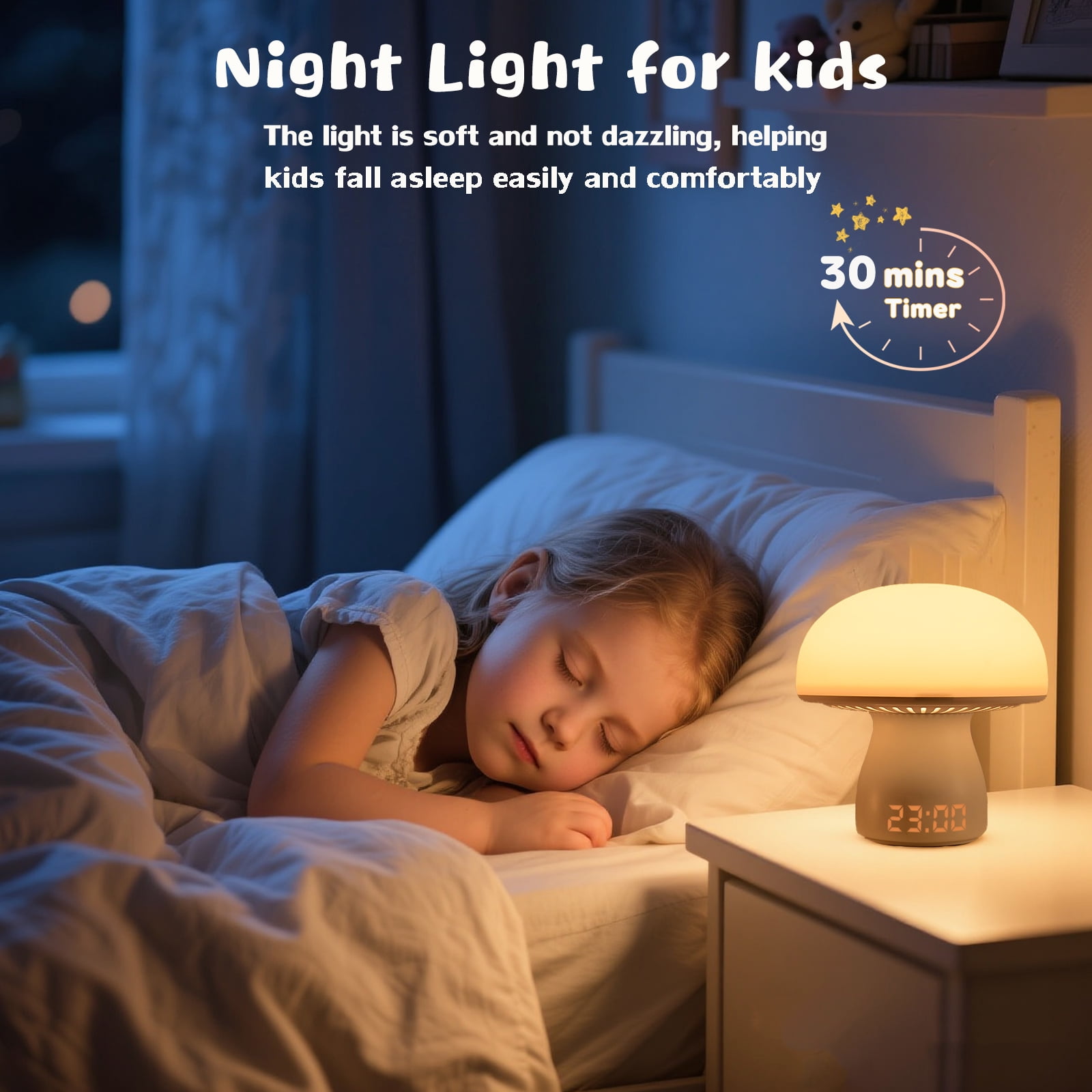 Mushroom Night Light for Kids, Rechargeable Touch Mushroom Lamp with Timer & Clock Display, 3 Color Temperatures Dimmable Nursery Lights Bedside Lamp, Cute Lamp for Girls Boys Baby Toddlers