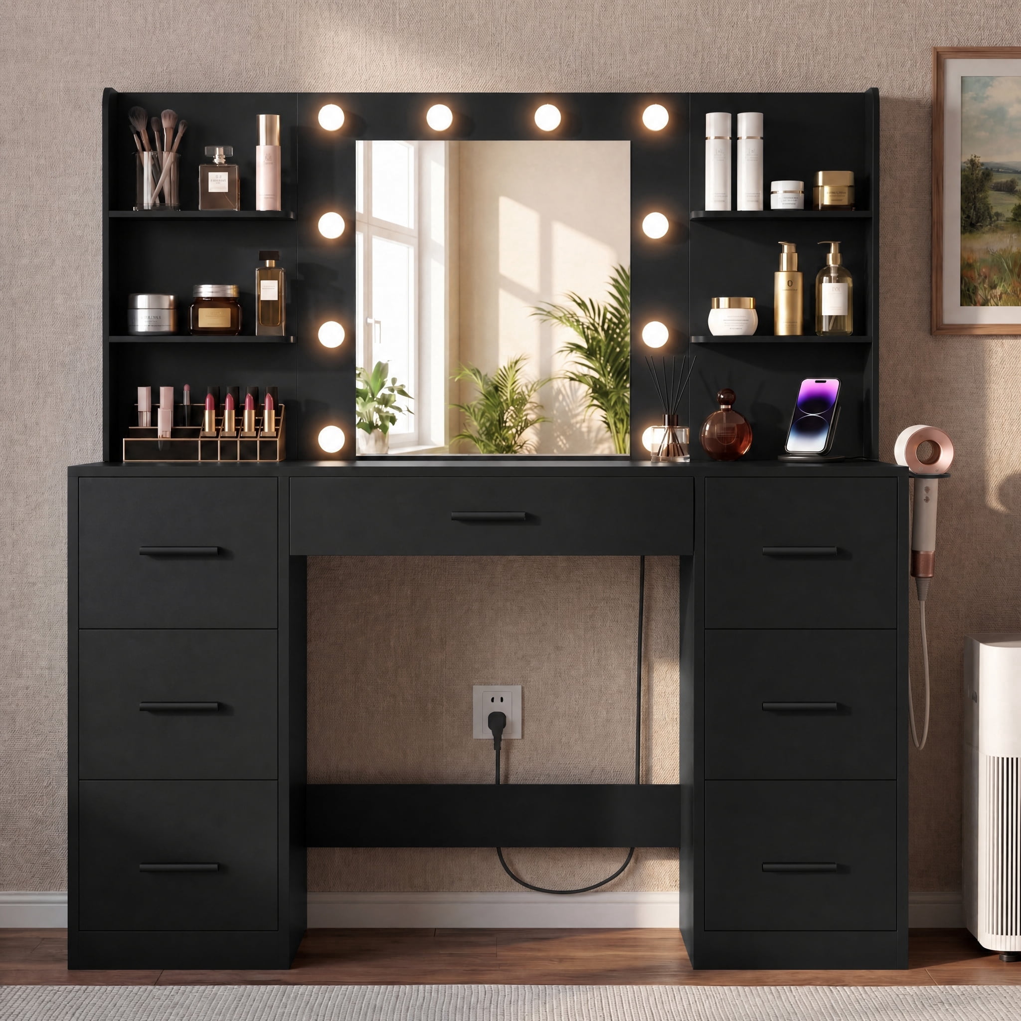 Lacoo Vanity Desk with Mirror and LED Lights, Makeup Vanity with 7 Drawers & 4 Shelves, Vanity Table with Power Outlet for Bedroom Dressing Room, Black