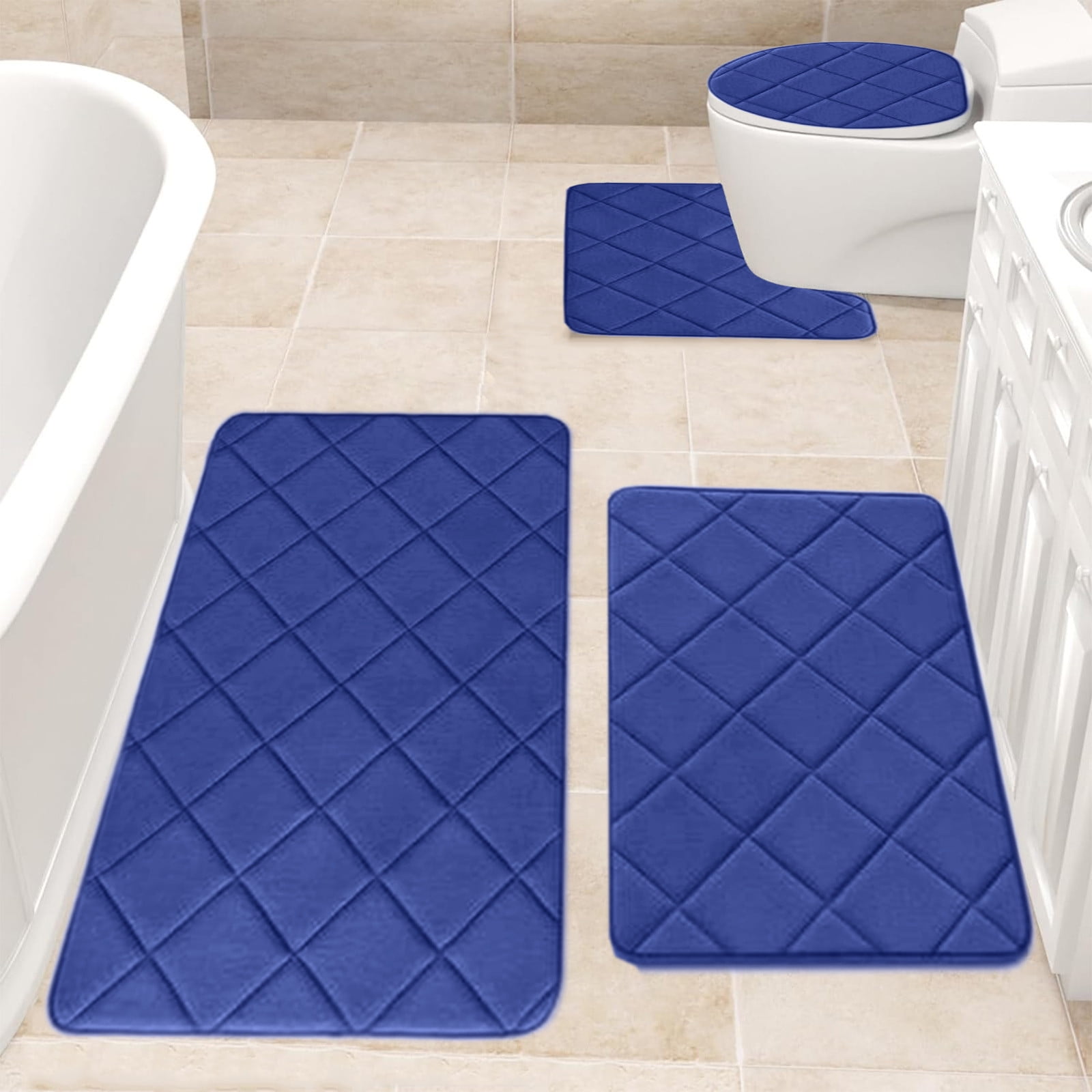 Jioakfa Memory Foam Bathroom Rugs Set 4 Pieces, Soft Non Slip Bathroom Mats Set With Pvc Backing, Extra Thick Bath Mats For Bath Room, Machine Washable Bath Rugs For Tub, Toilet And Floor Blue
