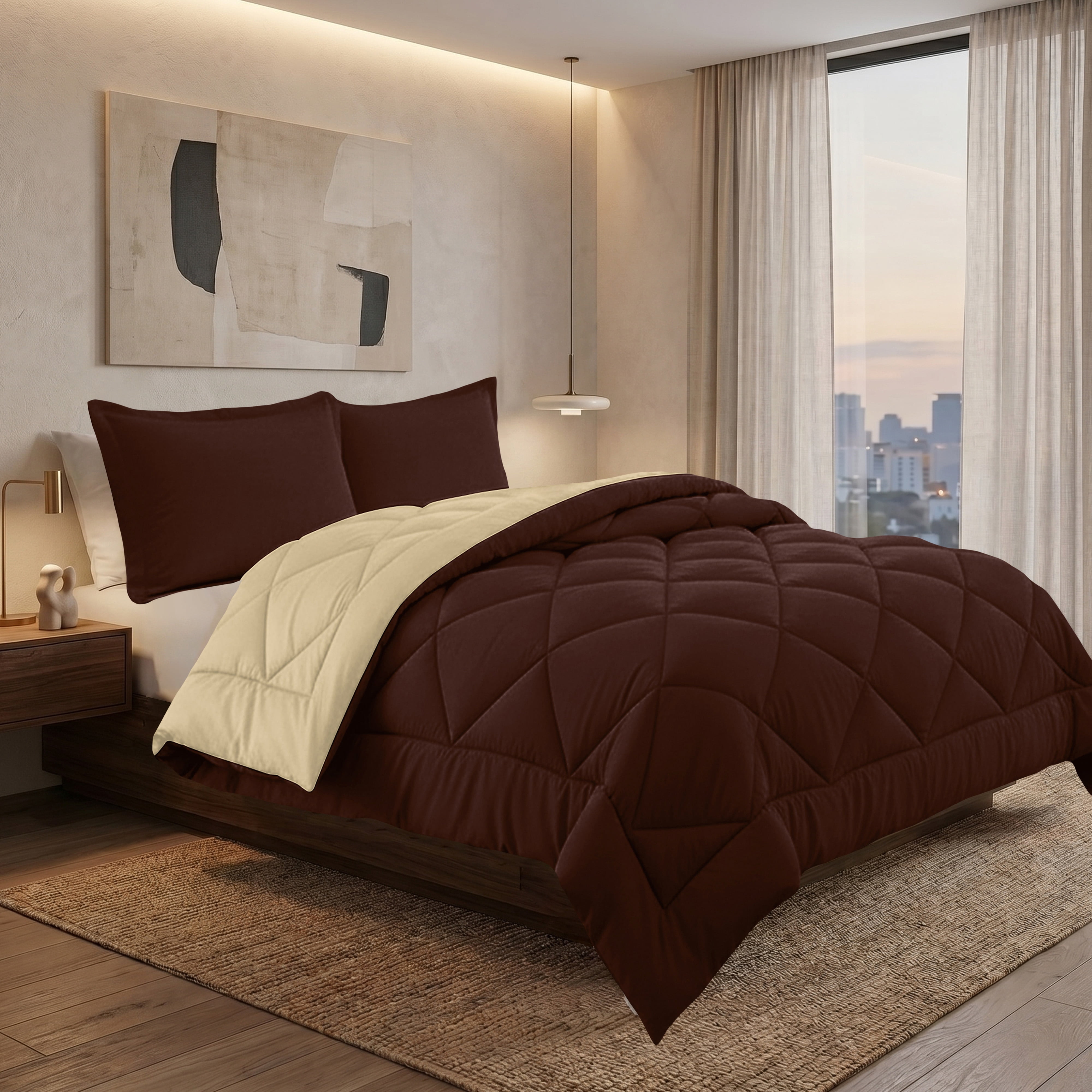 Elegant Comfort Reversible Down Alternative Comforter Set, Soft Microfiber All-Season Bedding, Lightweight Wrinkle & Fade Resistant Comforter,King/Cal King, Brown/Cream