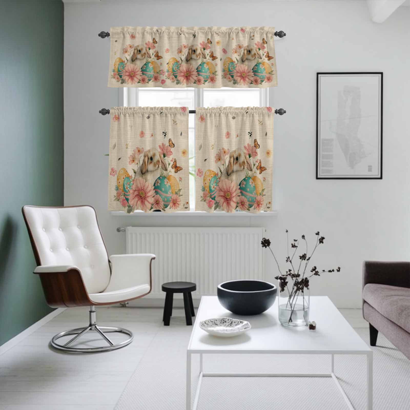 Easter Rabbit Kitchen Curtains Valances 3 Piece Set, Watercolor Eggs Pink Floral Butterfly Linen Texture Rod Pocket Tier Curtain and Valance Drapes for Small Window 24 Inch Length for Bedroom Cafe