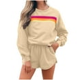 thumbnail image 3 of YOIAVAIOY Womens Sweat Suits 2 Piece Rainbow Print Tracksuits Raglan Sweatshirt and High Waisted Shorts Casual Athletic Set Tennis Baseball Matching Outfit with Pockets Khaki L, 3 of 8