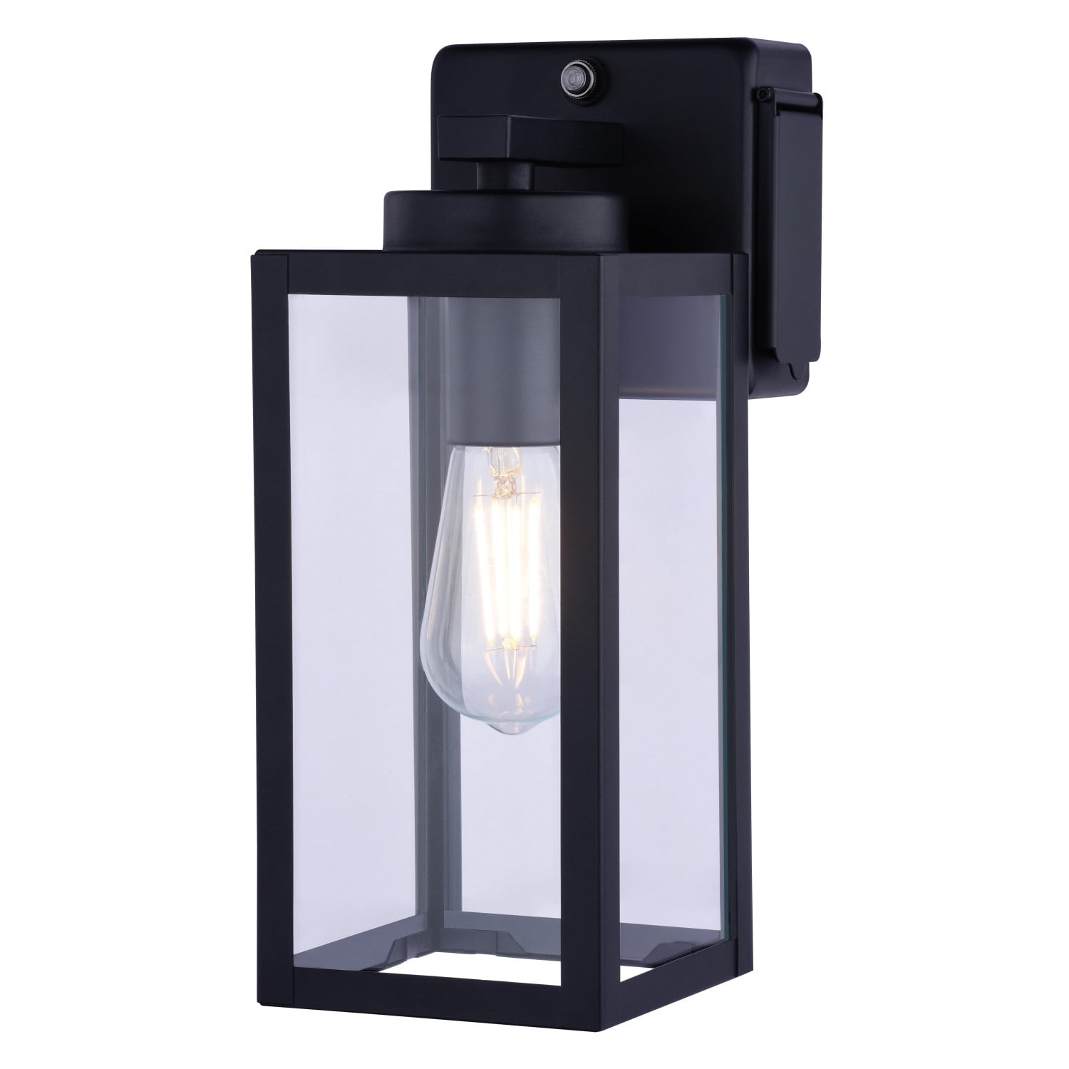 Lombard 1 Light Dusk to Dawn Black Contemporary Outdoor Wall Lantern with Integrated GFCI Outlet