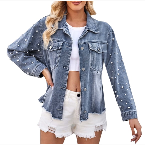Hvobtty Women's Long Sleeve Casual Denim Jacket, Women's Fashion Color Lapel Look Slimmer Sleeve Denim Coat