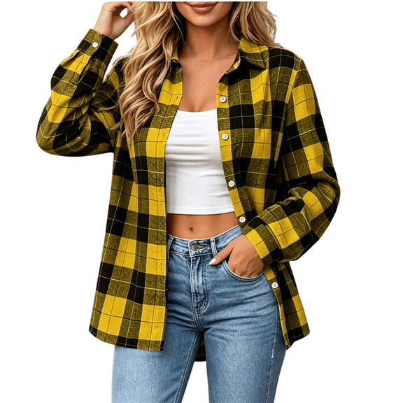 CBASIHI Womens Long Sleeve Plaid Button Down Shirts- Fall Casual Trendy Loose Fit Collared Flannel Shacket Jacket Yellow Size S-2XL
