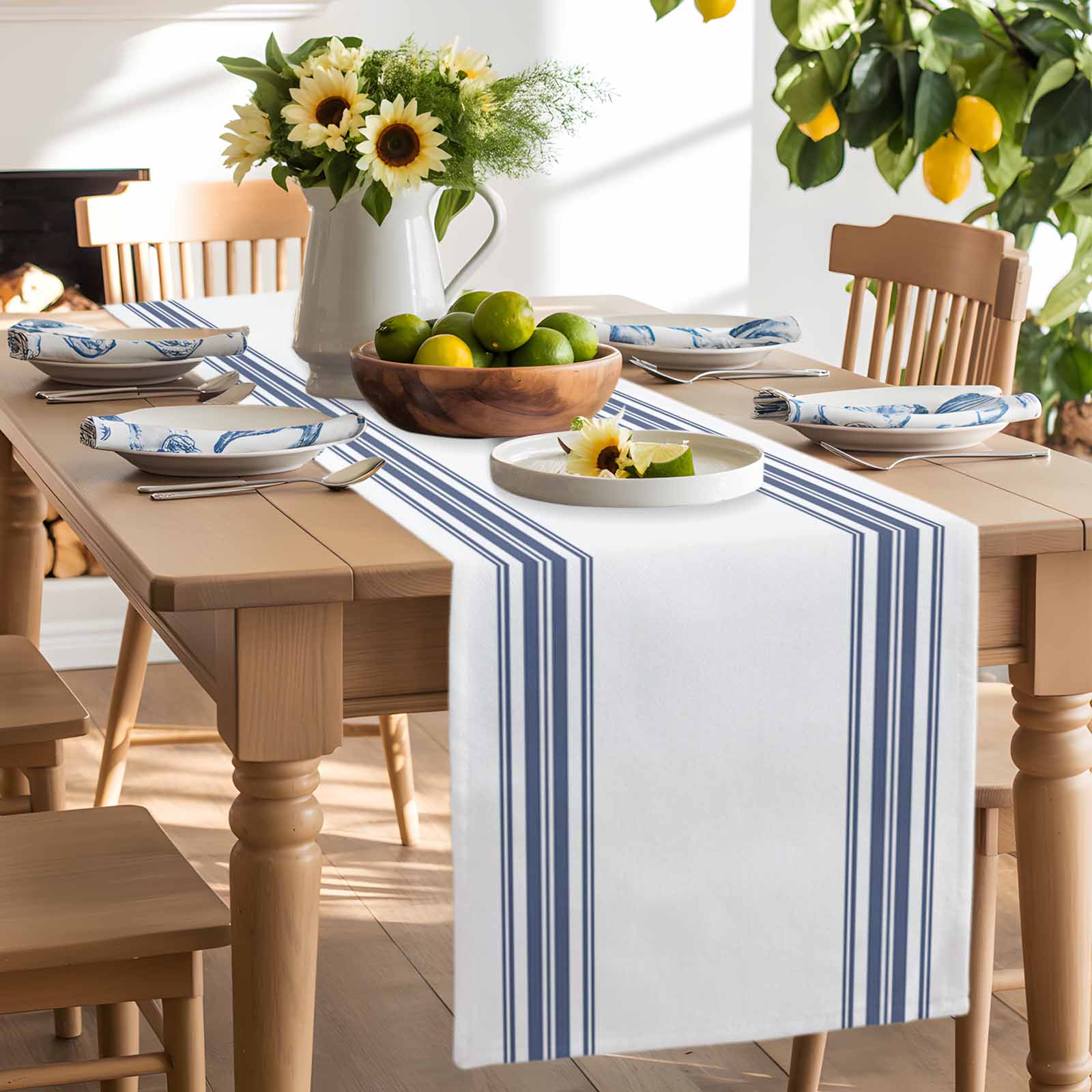 Table Runner Blue White Striped Table Decoration for Kitchen Dinning Farmhouse Striped Table Decoration for Indoor Outdoor Party Wedding Decor 13x90inch