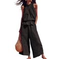 thumbnail image 2 of Women Summer 2 Piece Outfits Sleeveless Ruffle Top Wide Leg Pants Set with Pockets Black XXL, 2 of 8