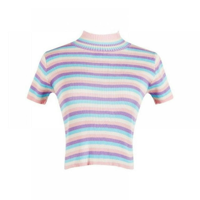 Women‘s Cute Short Sleeve Turtleneck Color Block Striped Knitted Crop Top T-Shirt