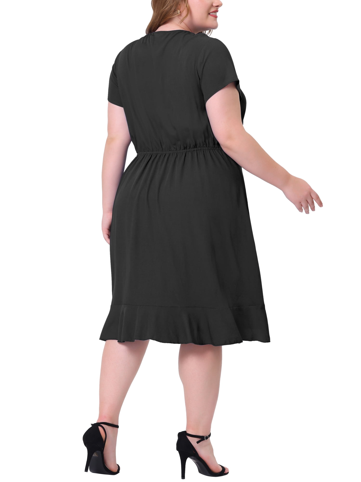 Unique Bargains Women's Plus V Neck Short Sleeve Elastic Waist Chic Solid Ruffle Hem Dress 3X Black