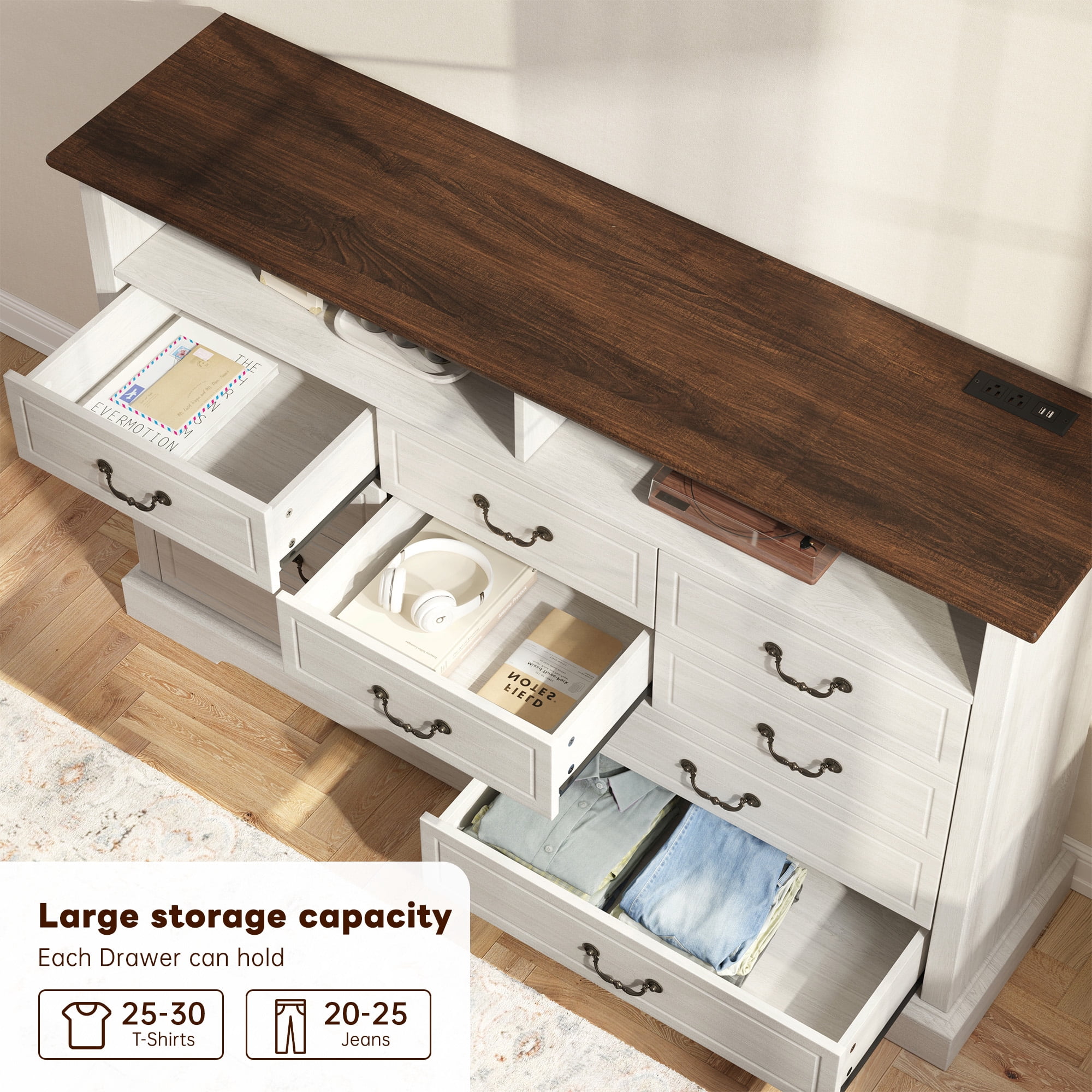 EnHomee Wood 10 Drawers Dresser with LED Lights&Charging Station Wood Dressers for Bedroom,White