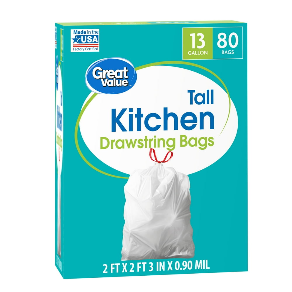 Great Value Tall Kitchen Trash Bags, 13 gallon, 80 Bags (Drawstring)