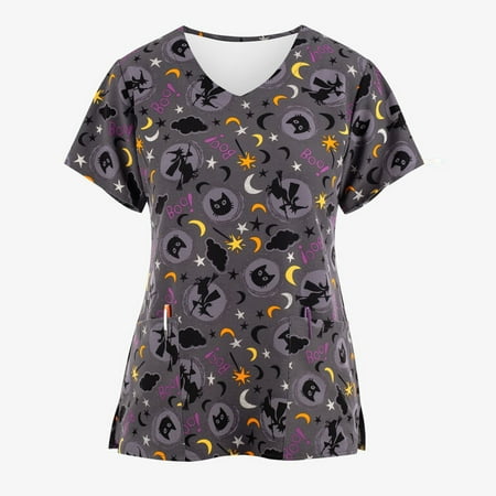 

BallsFHK Women Short Sleeve V Neck Halloween Cartoon Pattern Tops Pocket Working T-shirts Non-positioning Print Scrub Tops Women