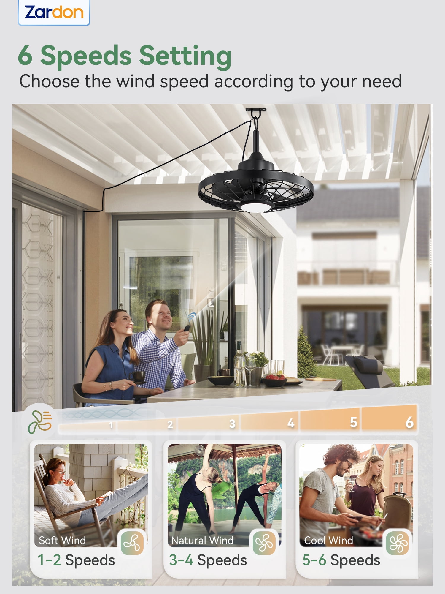 Zardon 20" Outdoor Ceiling Fan with Light and Remote Control, Waterproof Farmhouse Hanging Ceiling fans for Patio Gazebo Porch Pergola, 6 Speeds, APP Control, Black