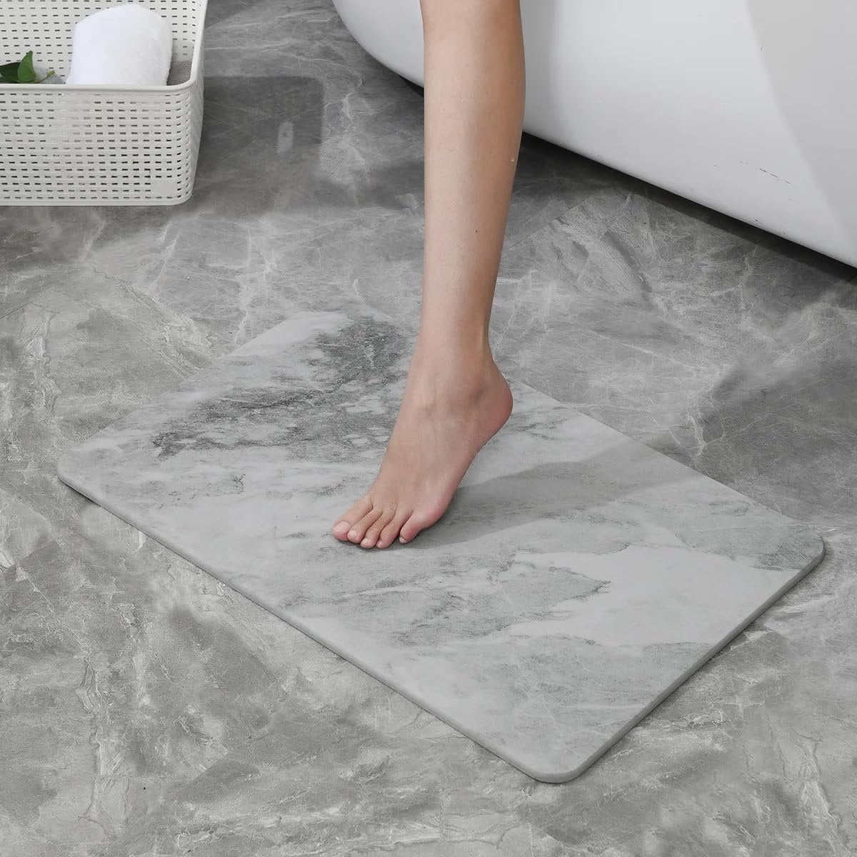 J&V TEXTILES Marble 24x15 Stone Bath Mat Diatomaceous Earth Shower Mat Non-Slip Super Absorbent Diatomite for Bathroom Floor Quick-Drying Easy to Clean Gray Marble