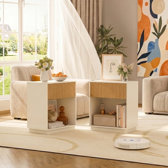 Fluted Nightstands Set Of 2, Modern Mid - Century Wood Bedside Table With Drawer & Open Storage Shelf, End Table For Bedroom, Living Room, Office, Sofa Side Couch (White Oak)