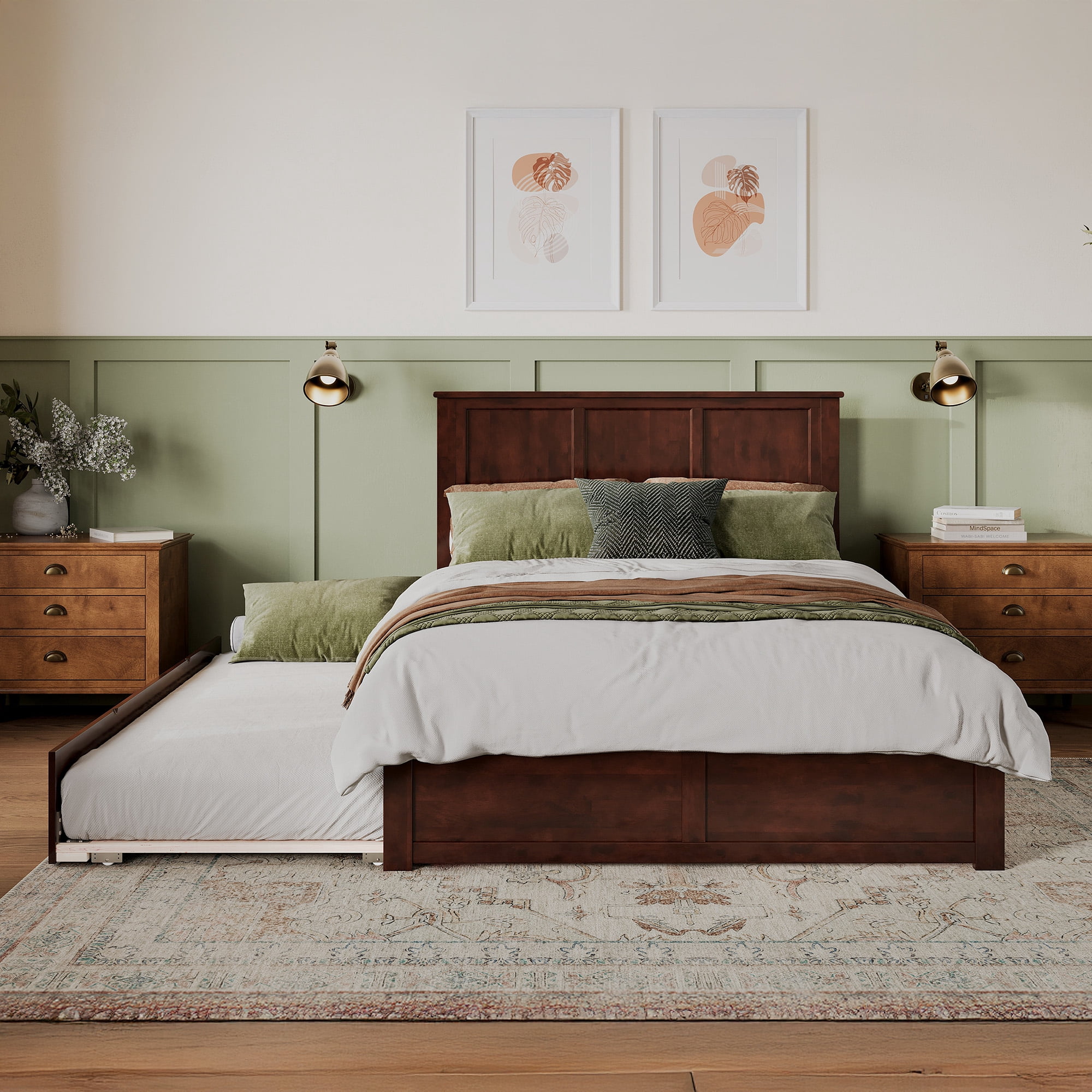 AFI Madison Queen Wood Platform Bed with Headboard Footboard & Twin XL Trundle, Walnut