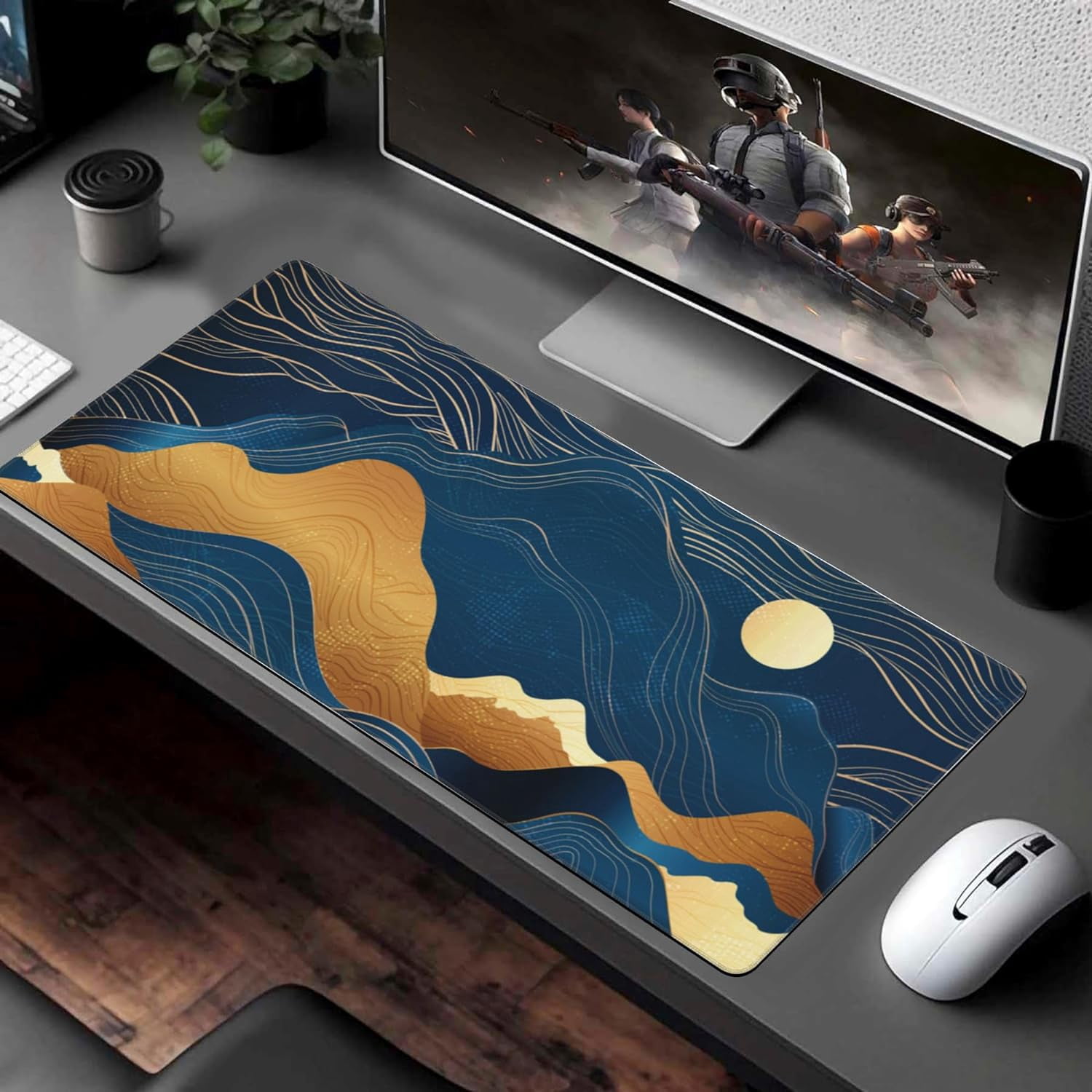 Desk Pad, Night Moon and Golden Mountains Extended Large Gaming Mouse Pad for Desk XXL, Large Desk Mat for Desktop with Non-Slip Rubber Base Stitched Edges for Home Office Desk 35.4"X15.7"
