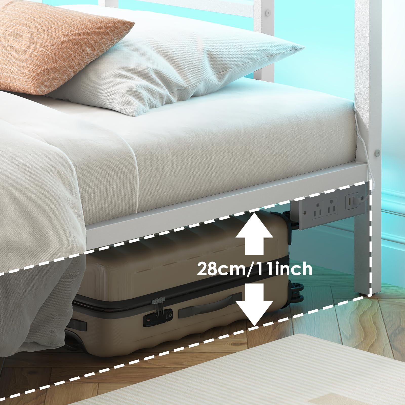 Fairy Twin Bed Frame with Charging Station, Metal Platform Bed with LED Lights, White