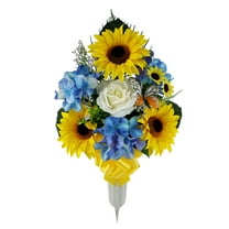 Mainstays 25in Outdoor Artificial Flowers in Vase, Yellow Sunflower Mix with Blue Hydrangea.
