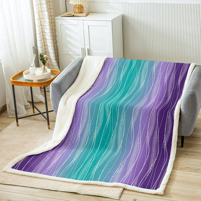 YST Green And Purple Sherpa Blanket Throw Green Lilac Lavender Violet Ombre Throw Blanket For Bed Couch Geometric Silver Stripe Fleece Blanket