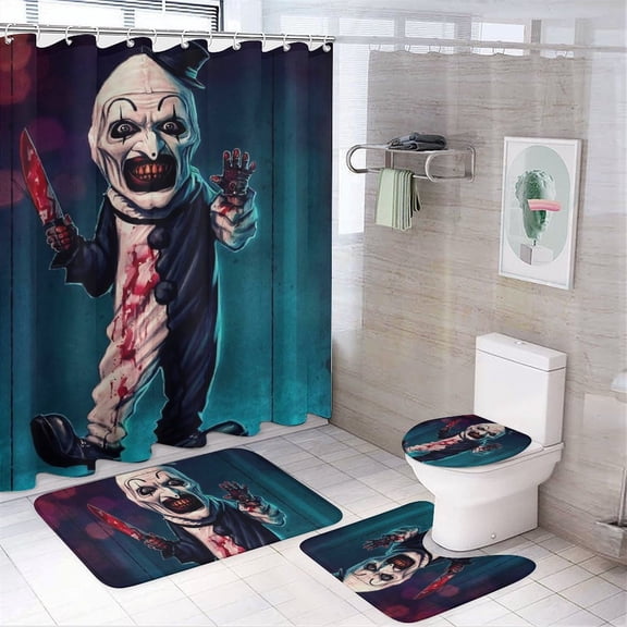 Terrifier 4 Piece Shower Curtain Set with Non-Slip Rugs, Toilet Lid Cover and Bath Mat, Funny Bathroom Curtains Decor Set with Rugs and 12 Hooks, 72" x 72"