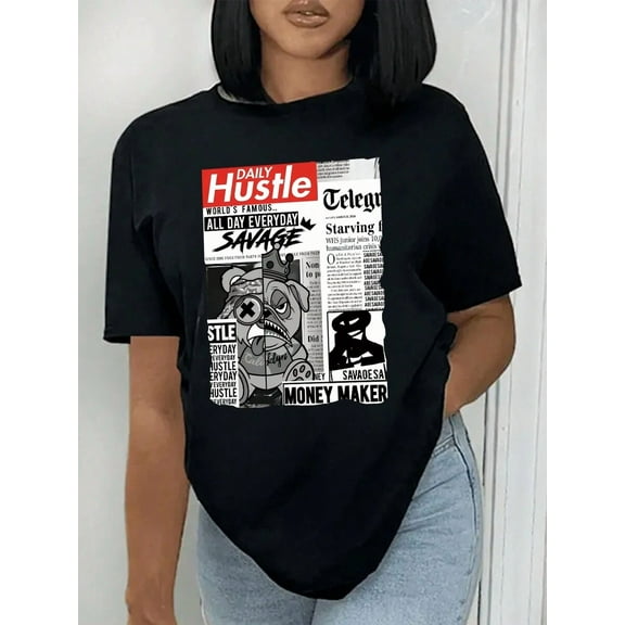 Women's Newspaper Print Round Neck T-Shirt Graphic Tees Women Tops