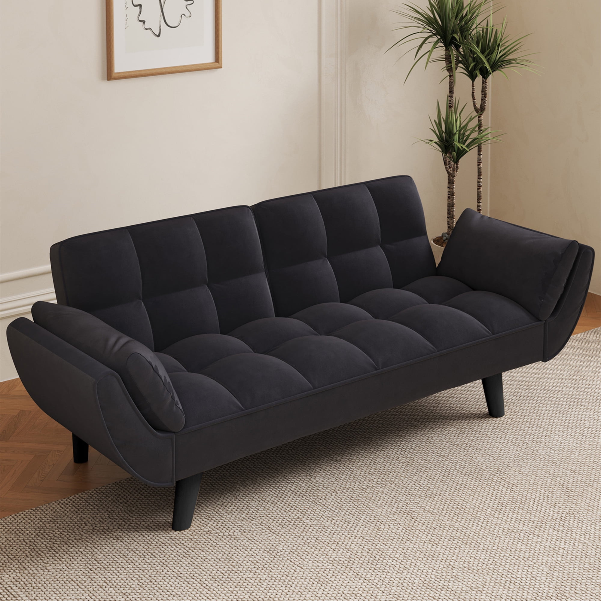 Aukfa Deep Tufted Futon Convertible Sofa Bed, Velvet Sleeper Couch for Home Office, Black