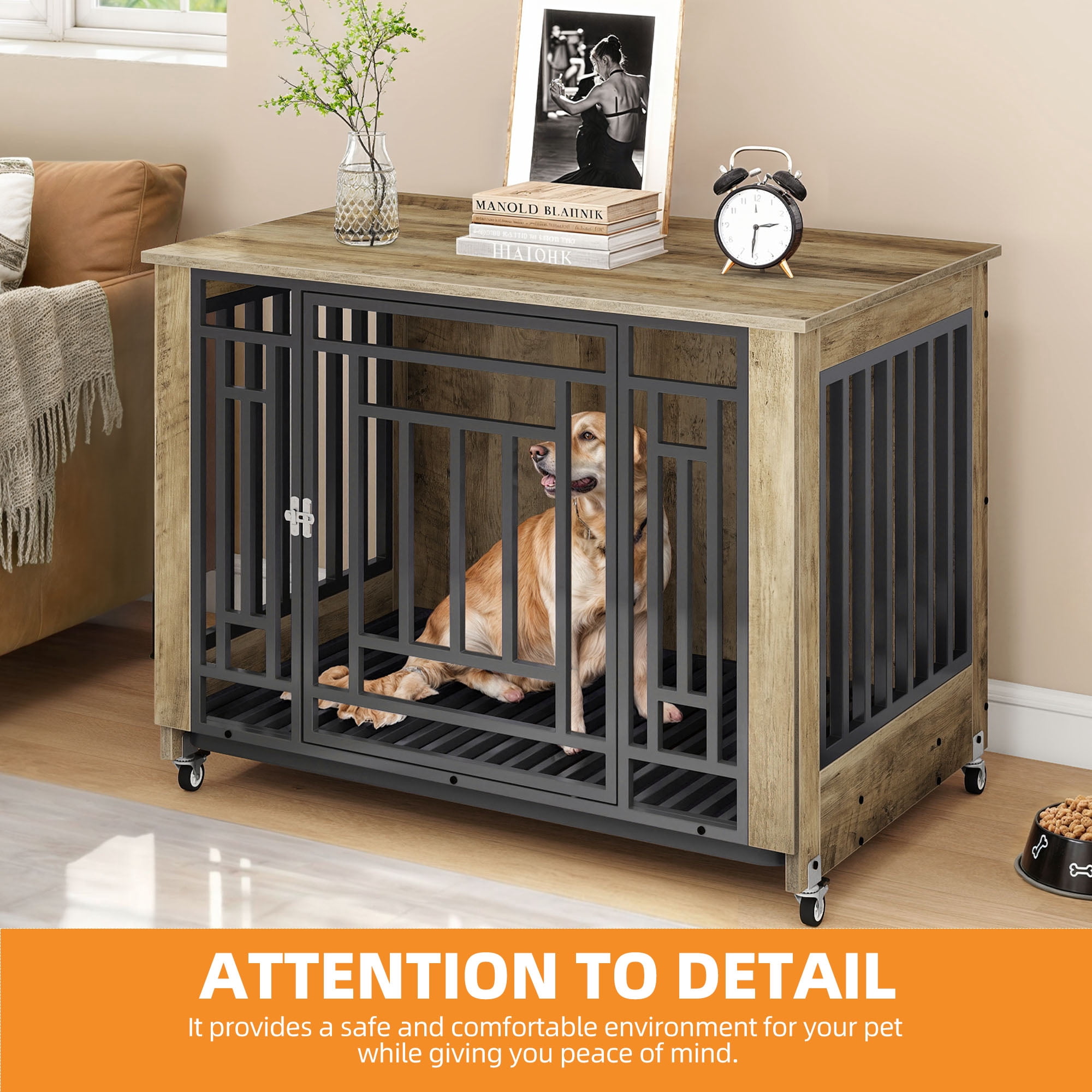 Craftian 38.2 inch Dog Kennel Furniture, Indoor Dog Crate Furniture with Wheels, Ideal for Small Medium Large Dogs - Greige