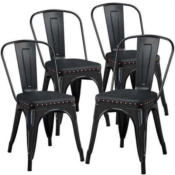 4pcs Dining Chairs Indoor Outdoor Bistro Cafe Metal Industrial Style Soft Black
