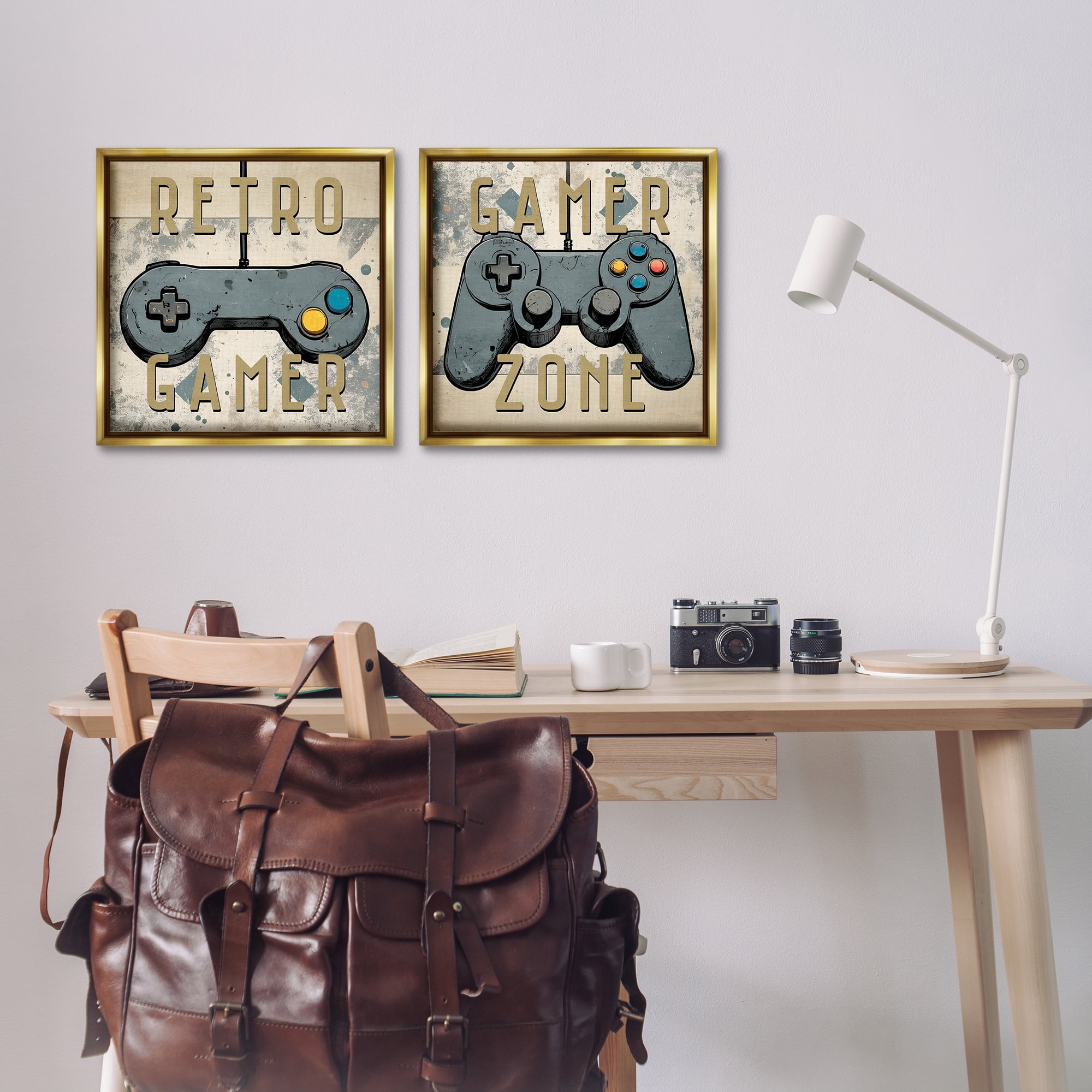 Stupell Industries Retro Gamer Controllers Entertainment Painting Gold Floater Framed Canvas Art Print Wall Art, 18 x 18, Set of 2