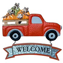 Welcome Fall Sign Large Orange Vintage Pickup Truck With Pumpkins Vertical Door Metal Rustic Hanging Decor Wreath Indoor Outdoor 15"x15"