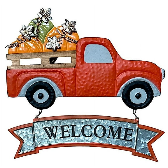 Welcome Fall Sign Large Orange Vintage Pickup Truck With Pumpkins Vertical Door Metal Rustic Hanging Decor Wreath Indoor Outdoor 15"x15"