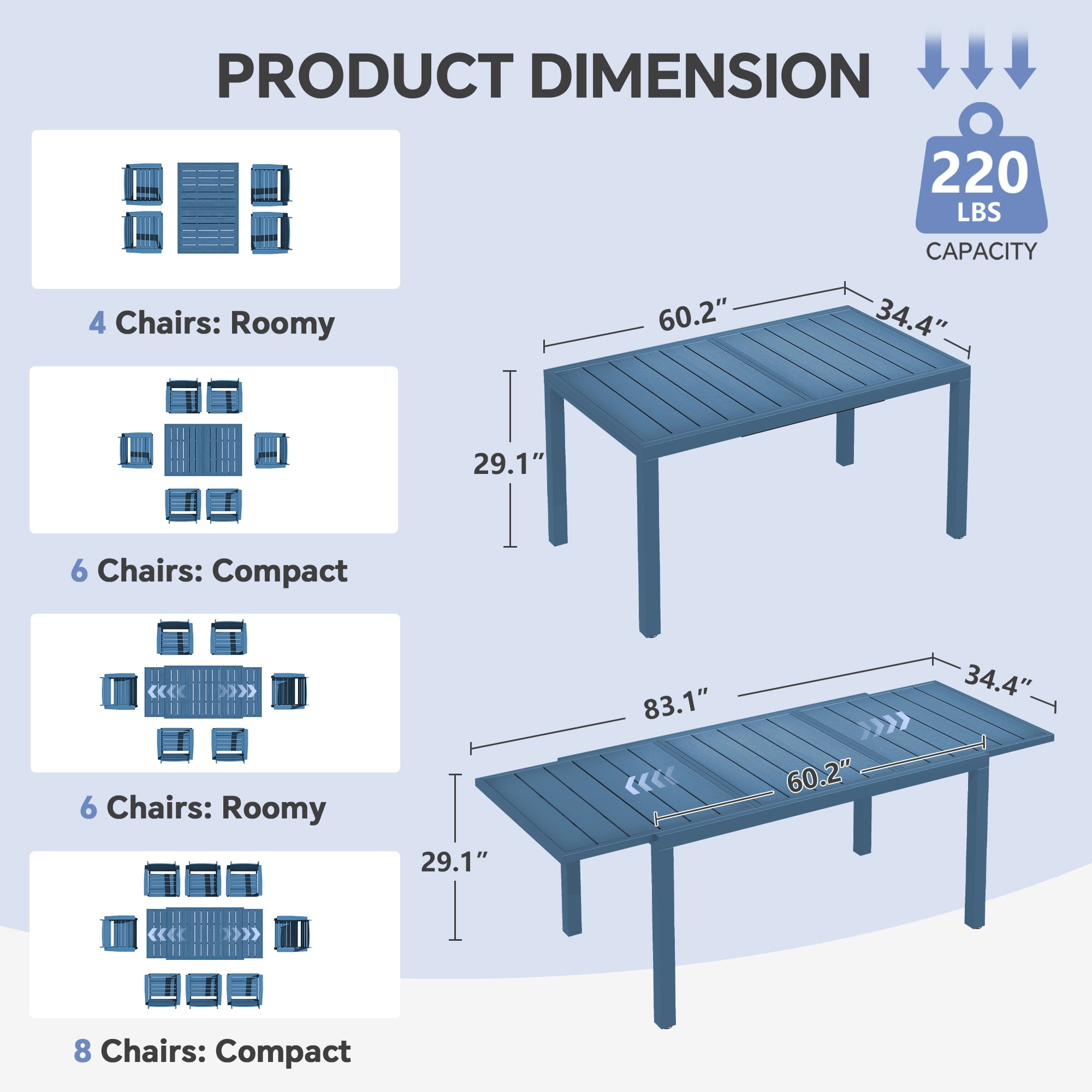 SERWALL 7-Piece Outdoor Dining Set with Expandable Patio Dining Table and 6 Chairs, 60–83 Inch All-Weather HDPE Patio Furniture Sets for Backyard, Garden, Deck, Poolside - Blue